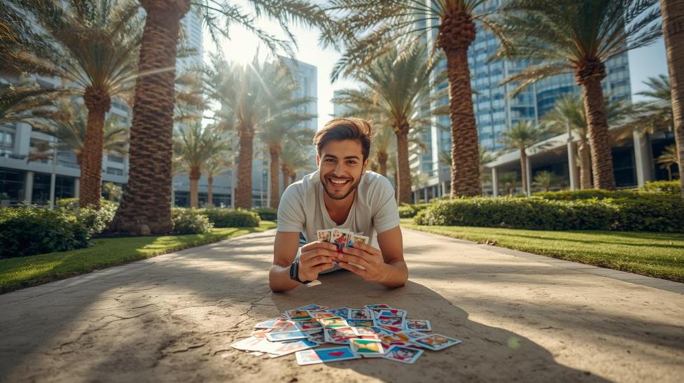 Young adult playing Pokémon cards outdoors in sunny vibrant Dubai city park.