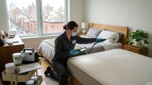 A realistic urban apartment setting undergoing eco-friendly pest management treatment, featuring a professional inspecting a bedroom for bed bugs using modern tools